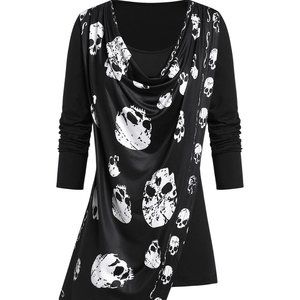 Plus Size Skull Print Cowl Collar Top